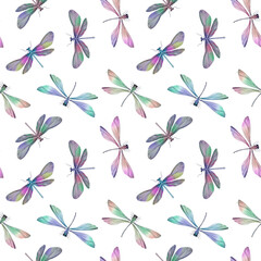 Seamless colorful pattern, dragonflies drawn in watercolors in digital processing, on a white background for the design of wrapping paper, wallpaper, textiles