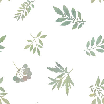 leaves and branches are painted in watercolor. seamless pattern..Watercolor seamless pattern with cute little leaves and berries on a light background