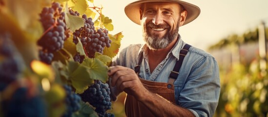 Happy farmer or winemaker using tablet checks ripe grapes on vines for high quality wine production during harvest season in vineyard.