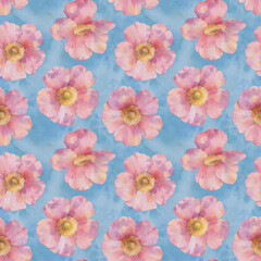 seamless floral pattern, watercolor rosehip flowers on abstract blue background