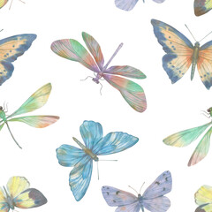 Seamless pattern of delicate watercolor butterflies on a white background. Cute watercolor butterflies in soft colors for design.