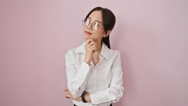 Young chinese woman wearing glasses standing thinking concentrated about doubt with finger on chin and looking up wondering over isolated pink background