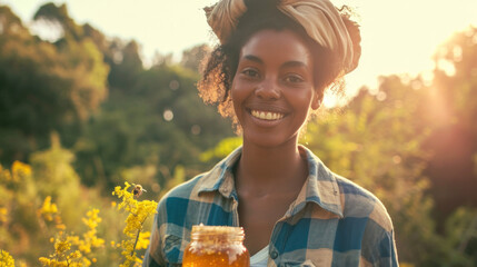 A beautiful, young black woman or girl smiling to the camera in a garden or at the farm, holding a jar or fresh organic honey. Beekeeper, wearing a flannel shirt and her curly hair tied up. 