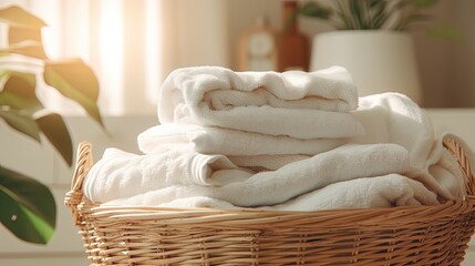 Fototapeta na wymiar Clean towels and sheets neatly laid in the basket