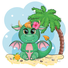Cute cartoon green baby dragon with ukulele on the beach. Symbol of 2024 according to the Chinese calendar