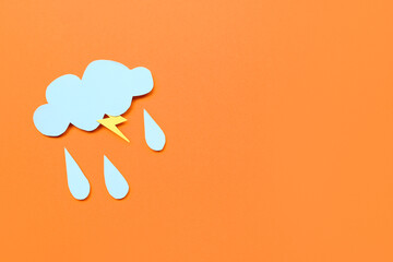 Paper cloud with rain drops and lightning on red background. Weather forecast concept