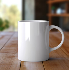 A blank white mug mockup, in the kitchen on the wooden table, realistic style