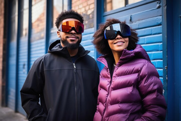 A couple with matching sunglasses smiles while wearing warm winter clothing in an urban setting.