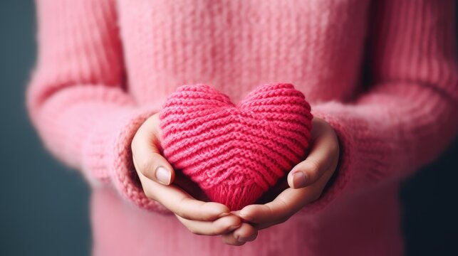 Close-up of a woman in a warm sweater holding a knitted pink heart in her hands. Valentine's Day greeting card. A symbol of love.
