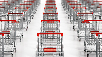 Shopping carts in a row isolated on white background. 3D illustration