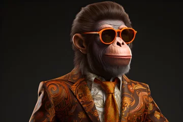 Zelfklevend Fotobehang Funny monkey wearing a suit and orange glasses on a dark background, Ai Generated © Mediapro