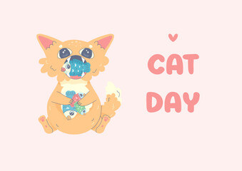 Cat Day card holiday August 8 , kawaii , vector
