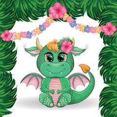 Fototapeta premium Cute cartoon green baby dragon with ukulele on the beach. Symbol of 2024 according to the Chinese calendar
