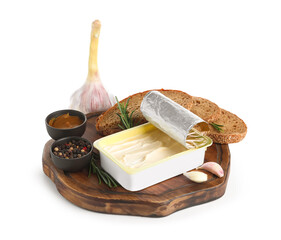 Wooden board with box of processed cheese, bread and garlic isolated on white background