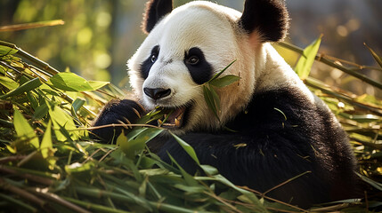 Hungry giant panda bear eating bamboo, AI Generative.