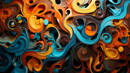 An abstract visual with a lot of swirls, coloristic, tangled forms, dark orange and dark cyan, chromatic post-impressionism, interactive artwork