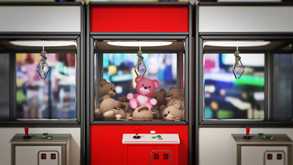 Red box stands out among toys vending machines with crane. 3D illustration - obrazy, fototapety, plakaty