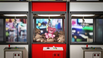 Foto op Plexiglas Red box stands out among toys vending machines with crane. 3D illustration © Destina