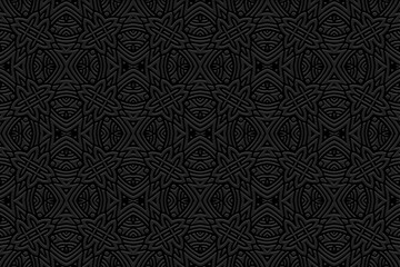 Embossed decorative black background, vintage cover design. Handmade, arabesque, ornamental texture. Geometric ethnic 3D pattern. Tribal traditions of the East, Asia, India, Mexico, Aztec, Peru.