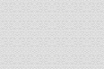 Embossed elegant white background, vintage cover design. Handmade, arabesque, ornamental texture. Geometric ethnic 3D pattern. Tribal traditions of the East, Asia, India, Mexico, Aztec, Peru.