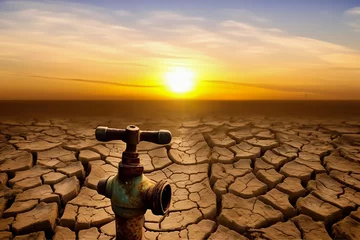 Foto op Canvas Drought land, Dries, Global drought. Water faucet in Dry cracked earth. Water crisis and World Climate change. Dried earth in Water crisis in nature. No freshwater in desert. Cracked dried earth soil © MaxSafaniuk