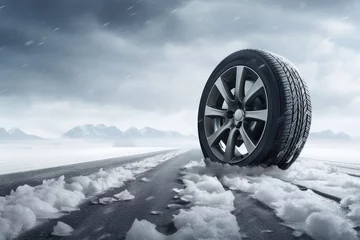 Fotobehang winter tire on snow and ice road advertisement for safety and background  © Mkorobsky