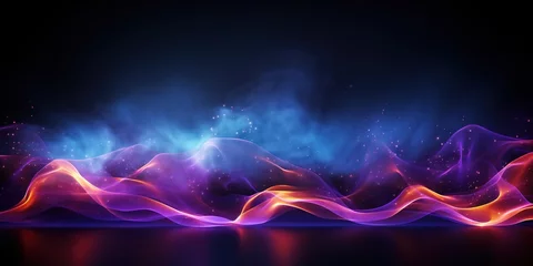 Foto op Canvas Vector glitter light fire flare trace. Abstract image of speed motion on the road. Dark blue abstract background with ultraviolet neon glow, blurry light lines, waves © Влада Яковенко