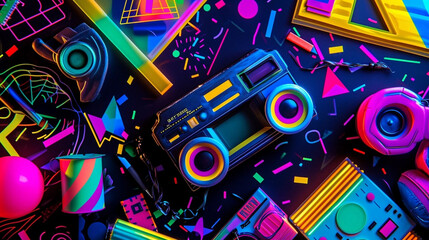 Back To The 90's Backdrop on black background, 90s Theme Party Decoration, Retro Birthday Sign, Nostalgic Disco, Millennial Gen Z Hip Hop Banner. Typical retro background of the 90’s. - obrazy, fototapety, plakaty