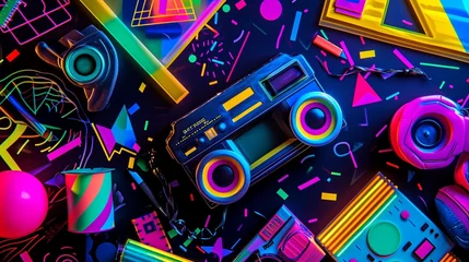 Zelfklevend behang Retro compositie Back To The 90's Backdrop on black background, 90s Theme Party Decoration, Retro Birthday Sign, Nostalgic Disco, Millennial Gen Z Hip Hop Banner. Typical retro background of the 90’s.