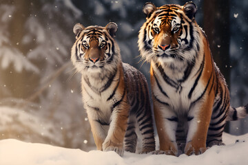 Two Siberian tigers (Panthera tigris altaica) in winter forest, AI Generated