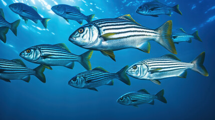 A school of striped fish elegantly glides through the blue underwater world, reflecting sunlight.