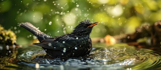 Male European blackbird bathing in a natural bird bath, with wing motion blur and water drops in the air.