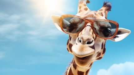 giraffe with glasses sunbathing on the beach concept of enjoying the holidays - obrazy, fototapety, plakaty