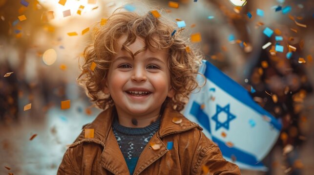 israel, Israeli kid  gleefully waves a large Israeli flag Generative AI