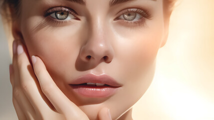 Detailed view of a stunning woman's face, revealing a perfect complexion nurtured by a dedicated skincare routine