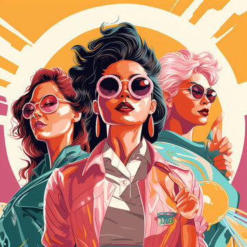 Ilustraci&oacute;n de tres mujeres empoderadas, estilo retro con tonalidades naranjas y amarillas 
