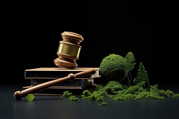 Gavel and books with moss and leaves - obrazy, fototapety, plakaty