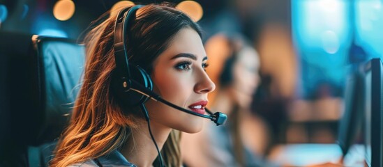 Beautiful woman in headset at call center.