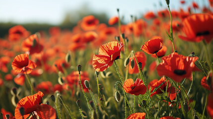 Obraz premium poppy field with vivid red flowers blooming on a sunny day