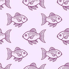 Fototapeta premium Swimming fish seamless wallpaper purple pattern with background for crafts, scrapbooking, textiles, art projects.