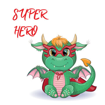 Cute cartoon green baby dragon in a red cape, super hero savior. Symbol of 2024 according to the Chinese calendar.