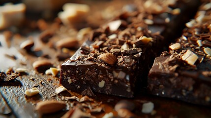 Chocolate bars with nuts on a dark background. Selective focus.