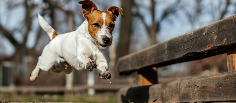 Jack Russell Terrier clearing obstacle in dog park.