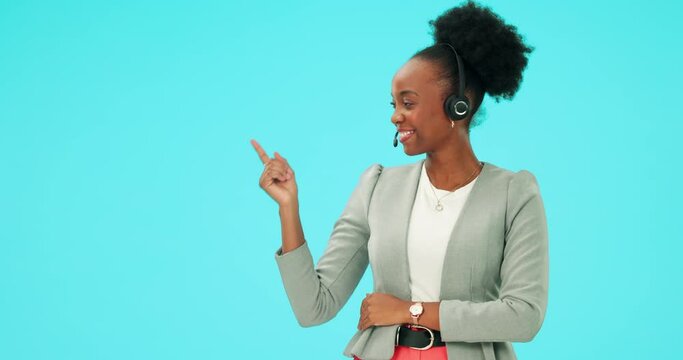 Customer service, presentation and black woman point at business telemarketing info, telecom or studio CRM. Happiness, help desk portrait and African person gesture at step plan on blue background