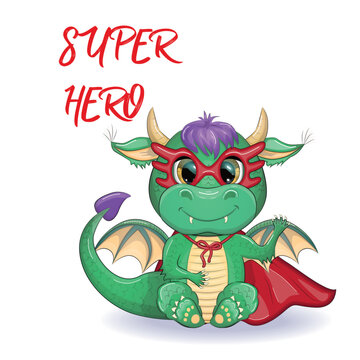 Cute cartoon green baby dragon in a red cape, super hero savior. Symbol of 2024 according to the Chinese calendar.