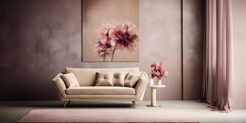 A beige velor sofa with a table and a flower on it against a wall with decorative plaster and a huge painting on the wall.