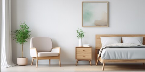 Scandinavian bedroom interior in white tones with a bed, bedside table and armchair.
