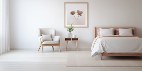 Modern bedroom interior design with bed, armchair and bedside table.