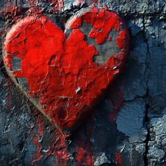 Grunge painted red heart on cracked concrete wall, Love concept, Ai Generated