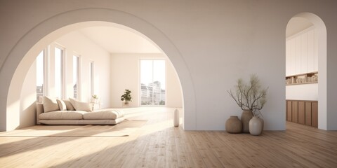 Modern interior design with sofa, windows, and vases.